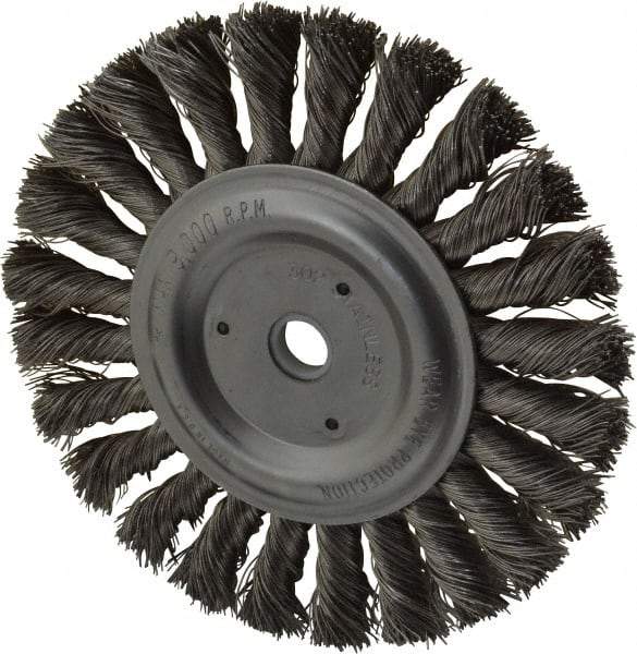 Anderson - 6" OD, 1/2" Arbor Hole, Knotted Stainless Steel Wheel Brush - 1/2" Face Width, 1-7/16" Trim Length, 0.016" Filament Diam, 9,000 RPM - Makers Industrial Supply