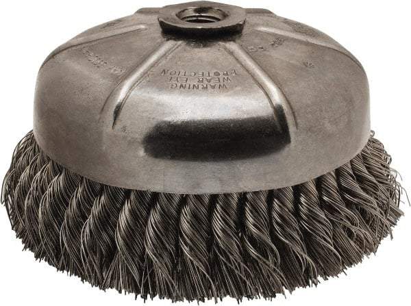 Anderson - 6" Diam, 5/8-11 Threaded Arbor, Stainless Steel Fill Cup Brush - 0.02 Wire Diam, 1-3/8" Trim Length, 6,600 Max RPM - Makers Industrial Supply