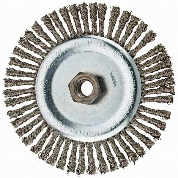 Anderson - 6" OD, 5/8-11 Arbor Hole, Knotted Stainless Steel Wheel Brush - 3/16" Face Width, 1-1/8" Trim Length, 0.02" Filament Diam, 12,500 RPM - Makers Industrial Supply