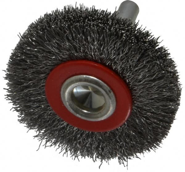 Value Collection - 2" OD, 1/4" Shank Diam, Crimped Steel Wheel Brush - 3/8" Face Width, 3/8" Trim Length, 0.008" Filament Diam, 15,000 RPM - Makers Industrial Supply