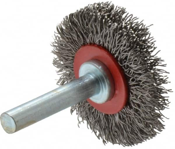 Value Collection - 1-5/8" OD, 1/4" Shank Diam, Crimped Steel Wheel Brush - 5/16" Face Width, 9/16" Trim Length, 0.015" Filament Diam, 18,000 RPM - Makers Industrial Supply