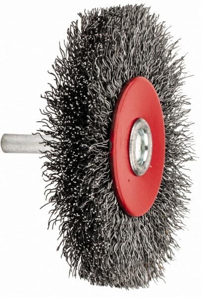 Value Collection - 3-1/16" OD, 1/4" Shank Diam, Crimped Steel Wheel Brush - 1/2" Face Width, 3/4" Trim Length, 0.015" Filament Diam, 12,000 RPM - Makers Industrial Supply