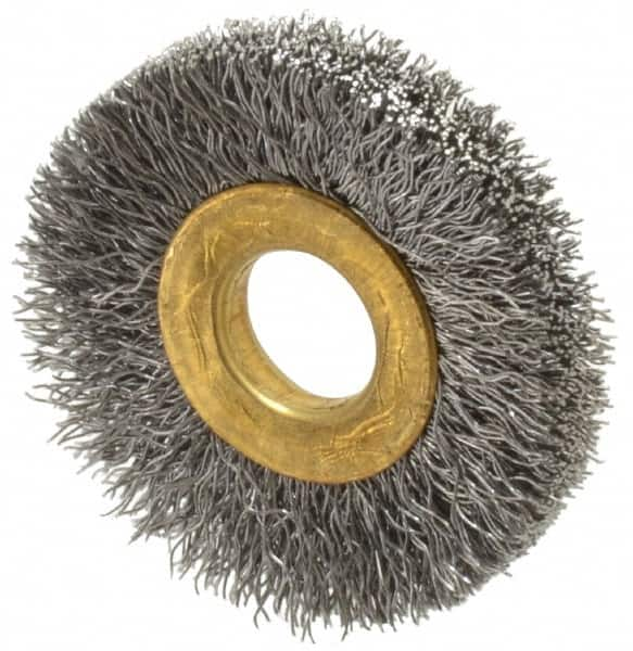 Value Collection - 1-1/2" OD, 3/8" Arbor Hole, Crimped Steel Wheel Brush - 1/4" Face Width, 3/8" Trim Length, 0.007" Filament Diam, 20,000 RPM - Makers Industrial Supply