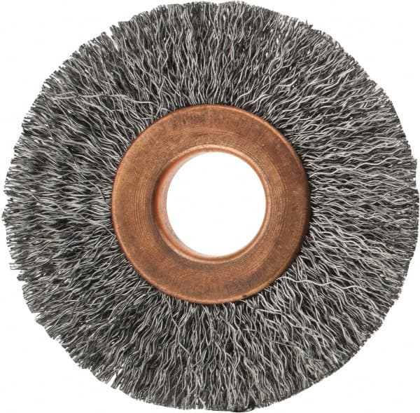 Value Collection - 2" OD, 1/2" Arbor Hole, Crimped Steel Wheel Brush - 5/16" Face Width, 1/2" Trim Length, 0.007" Filament Diam, 15,000 RPM - Makers Industrial Supply