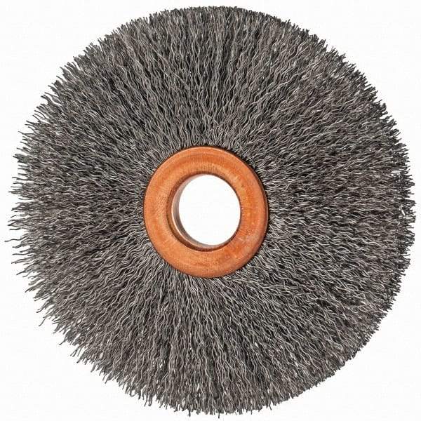 Value Collection - 3" OD, 1/2" Arbor Hole, Crimped Steel Wheel Brush - 3/8" Face Width, 1" Trim Length, 0.007" Filament Diam, 15,000 RPM - Makers Industrial Supply