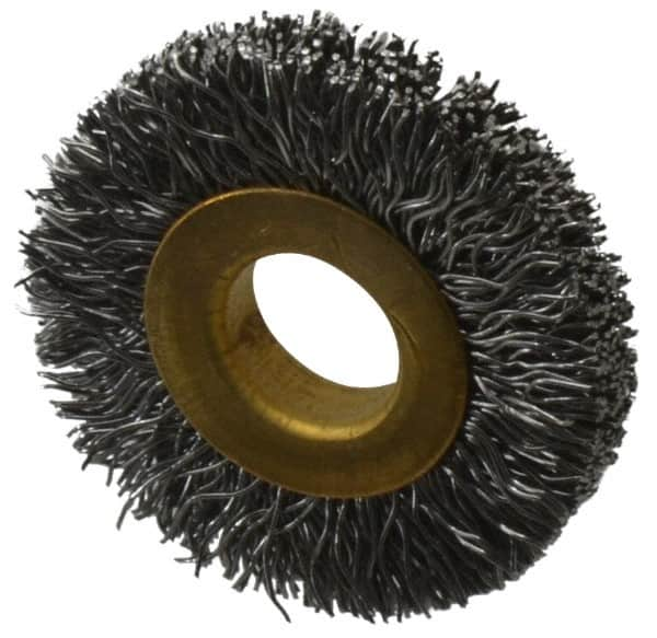 Value Collection - 1-1/4" OD, 3/8" Arbor Hole, Crimped Steel Wheel Brush - 1/4" Face Width, 9/32" Trim Length, 0.012" Filament Diam, 20,000 RPM - Makers Industrial Supply