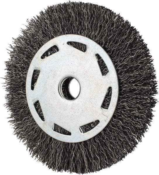 Value Collection - 4" OD, 1/2" Arbor Hole, Crimped Steel Wheel Brush - 7/16" Face Width, 23/32" Trim Length, 0.012" Filament Diam, 5,000 RPM - Makers Industrial Supply