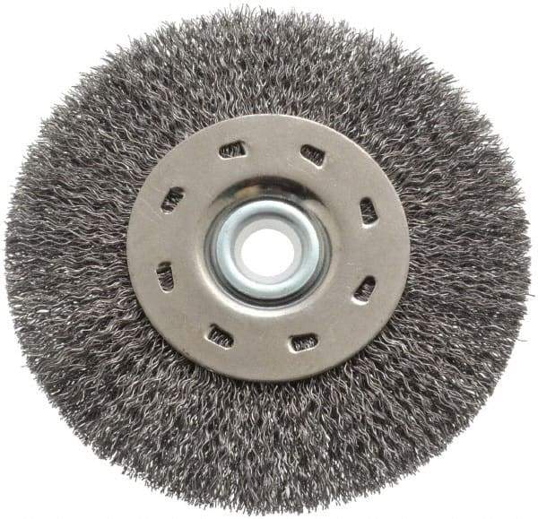 Value Collection - 5" OD, 1/2" Arbor Hole, Crimped Steel Wheel Brush - 1/2" Face Width, 1-15/64" Trim Length, 0.012" Filament Diam, 5,000 RPM - Makers Industrial Supply