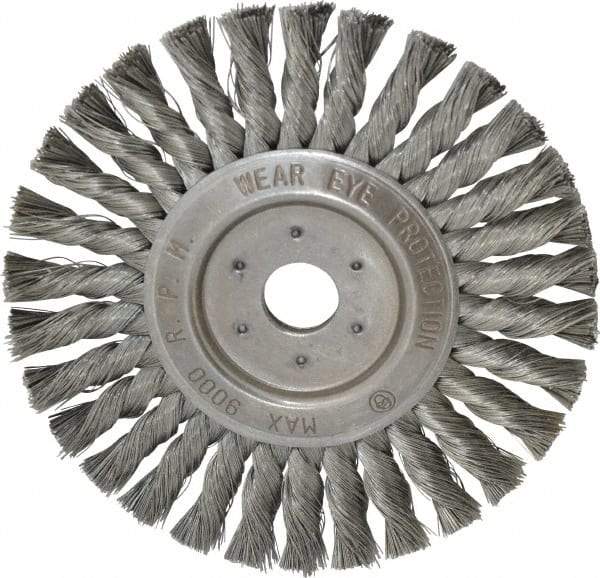 Value Collection - 7" OD, 7/8" Arbor Hole, Knotted Steel Wheel Brush - 1/2" Face Width, 1-11/16" Trim Length, 0.008" Filament Diam, 9,000 RPM - Makers Industrial Supply