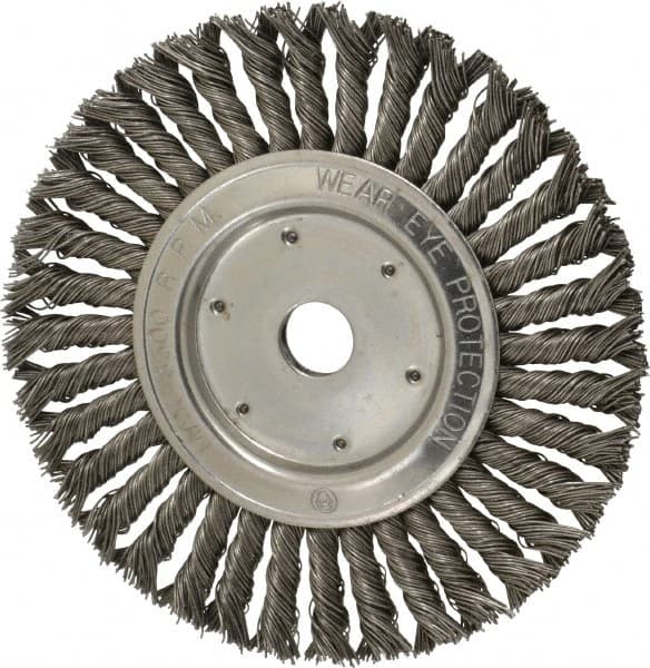 Value Collection - 8" OD, 7/8" Arbor Hole, Knotted Steel Wheel Brush - 1/2" Face Width, 1-11/16" Trim Length, 0.015" Filament Diam, 8,500 RPM - Makers Industrial Supply