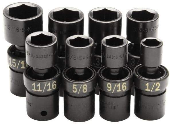 SK - 8 Piece 1/2" Drive Standard Impact Socket Set - 6 Points, 1/2 to 15/16", Inch Measurement Standard - Makers Industrial Supply