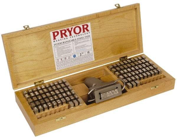 Pryor - 106 Piece, 3/8 Inch Character, Hardened Steel Type Set - 6 Character Capacity - Makers Industrial Supply