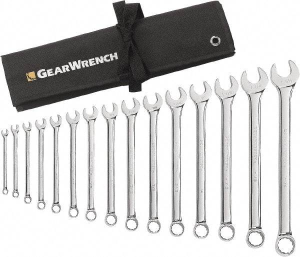 GearWrench - 15 Piece, 5/16" to 1-1/4", 12 Point Combination Wrench Set - Inch Measurement Standard, Chrome Finish, Comes in Roll - Makers Industrial Supply