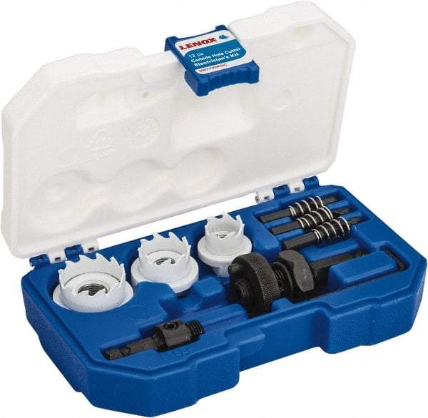 Lenox - 12 Piece, 7/8" to 1-3/8" Saw Diam, Electrician's Hole Saw Kit - Carbide-Tipped, Toothed Edge, Includes 3 Hole Saws - Makers Industrial Supply