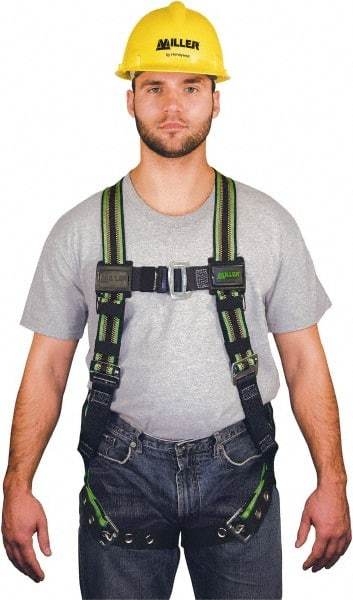 Miller - 400 Lb Capacity, Size Universal, Full Body Construction Safety Harness - Elastomer, Tongue Leg Strap, Mating Chest Strap, Green/Black - Makers Industrial Supply