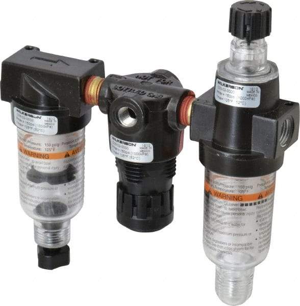 Wilkerson - 1/4" NPT Port Miniature 3 Piece Filter-Regulator-Lubricator FRL Unit - Polycarbonate Bowl, 20 SCFM, 150 Max psi, 5.98" High, Manual Drain - Makers Industrial Supply