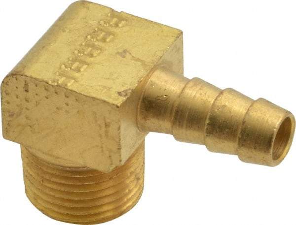 Parker - 3/8 NPTF Thread Hose Barb x Male NPT 90° Elbow - 5/16" ID Hose, Brass - Makers Industrial Supply