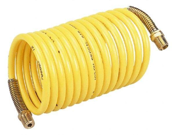 Coilhose Pneumatics - 3/8" ID, 3/8 Thread, 25' Long, Yellow Nylon Coiled & Self Storing Hose - 165 Max psi, Male Rigid x Male Swivel - Makers Industrial Supply