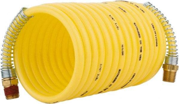 Coilhose Pneumatics - 1/4" ID, 1/4 Thread, 12' Long, Yellow Nylon Coiled & Self Storing Hose - 185 Max psi, Male Rigid x Male Swivel - Makers Industrial Supply