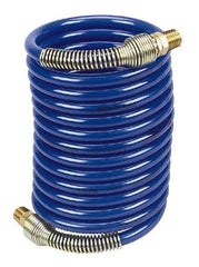 Coilhose Pneumatics - 1/4" ID, 1/4 Thread, 12' Long, Blue Nylon Coiled & Self Storing Hose - 220 Max psi, Male Swivel x Male Swivel - Makers Industrial Supply