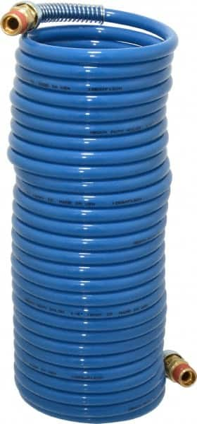 Coilhose Pneumatics - 1/4" ID, 1/4 Thread, 25' Long, Blue Nylon Coiled & Self Storing Hose - 220 Max psi, Male Swivel x Male Swivel - Makers Industrial Supply