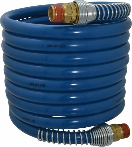 Coilhose Pneumatics - 3/8" ID, 3/8 Thread, 12' Long, Blue Nylon Coiled & Self Storing Hose - 230 Max psi, Male Swivel x Male Swivel - Makers Industrial Supply