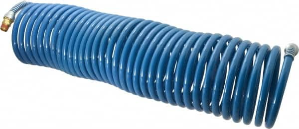 Coilhose Pneumatics - 3/8" ID, 3/8 Thread, 50' Long, Blue Nylon Coiled & Self Storing Hose - 230 Max psi, Male Swivel x Male Swivel - Makers Industrial Supply