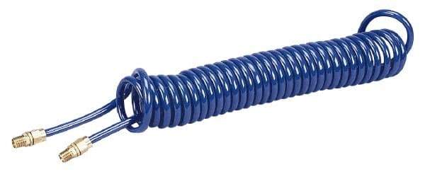 Coilhose Pneumatics - 1/4" ID, 1/4 Thread, 25' Long, Blue Polyurethane Coiled & Self Storing Hose - 125 Max psi, Male Swivel x Male Swivel - Makers Industrial Supply