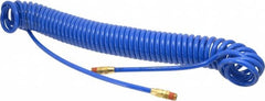 Coilhose Pneumatics - 1/4" ID, 1/4 Thread, 30' Long, Blue Polyurethane Coiled & Self Storing Hose - 125 Max psi, Male Swivel x Male Swivel - Makers Industrial Supply