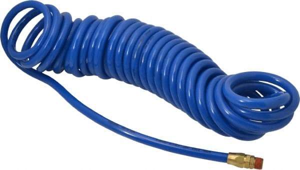 Coilhose Pneumatics - 3/8" ID, 3/8 Thread, 30' Long, Blue Polyurethane Coiled & Self Storing Hose - 115 Max psi, Male Swivel x Male Swivel - Makers Industrial Supply