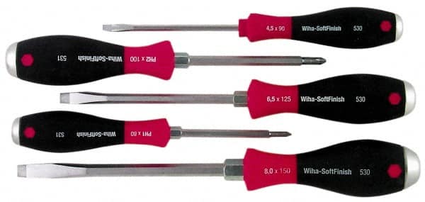 Wiha - 5 Piece Phillips & Slotted Screwdriver Set - Round Shank, Ergonomic Handle - Makers Industrial Supply