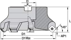 Kennametal - 50.04mm Cut Diam, 3/4" Arbor Hole, 6.6mm Max Depth of Cut, 45° Indexable Chamfer & Angle Face Mill - 3 Inserts, SEKT 1404... Insert, Right Hand Cut, 3 Flutes, Series KSSM - Makers Industrial Supply