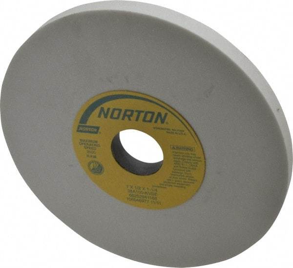 Norton - 7" Diam x 1-1/4" Hole x 1/2" Thick, K Hardness, 100 Grit Surface Grinding Wheel - Aluminum Oxide, Type 1, Fine Grade, 3,600 Max RPM, Vitrified Bond, No Recess - Makers Industrial Supply