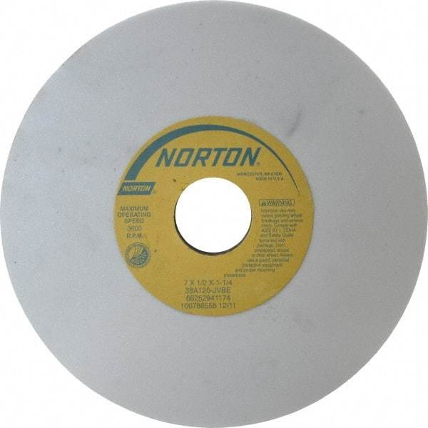 Norton - 7" Diam x 1-1/4" Hole x 1/2" Thick, J Hardness, 120 Grit Surface Grinding Wheel - Aluminum Oxide, Type 1, Fine Grade, 3,600 Max RPM, Vitrified Bond, No Recess - Makers Industrial Supply