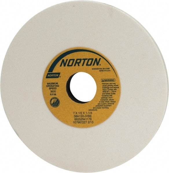 Norton - 7" Diam x 1-1/4" Hole x 1/2" Thick, J Hardness, 150 Grit Surface Grinding Wheel - Aluminum Oxide, Type 1, Very Fine Grade, 3,600 Max RPM, Vitrified Bond, No Recess - Makers Industrial Supply