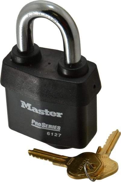 Master Lock - 1-3/8" Shackle Clearance, Keyed Different Padlock - 7/8" Shackle Width, 7/16" Shackle Diam, Laminated Steel - Makers Industrial Supply