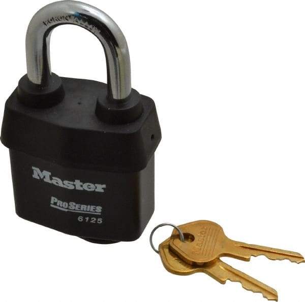 Master Lock - 1-3/8" Shackle Clearance, Keyed Different Padlock - 7/8" Shackle Width, 3/8" Shackle Diam, Laminated Steel - Makers Industrial Supply