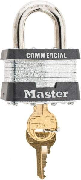 Master Lock - 15/16" Shackle Clearance, Keyed Different Padlock - 5/16" Shackle Width, 5/16" Shackle Diam, Laminated Steel - Makers Industrial Supply