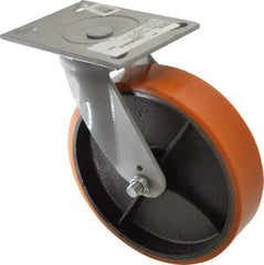 Fairbanks - 8" Diam x 2" Wide x 9-1/2" OAH Top Plate Mount Swivel Caster - Polyurethane, 1,200 Lb Capacity, Roller Bearing, 4-1/2 x 6-1/4" Plate - Makers Industrial Supply