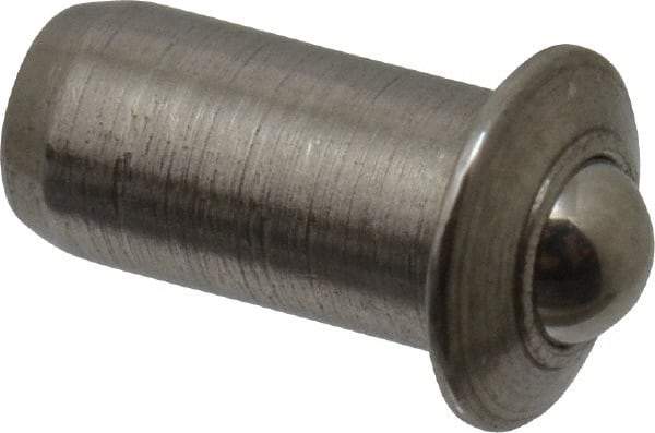 Vlier - 1/4" Body Length x 1/8" Body Diam, 0.75 Lb Init to 2.5 Lb Final End Force, Stainless Steel Press Fit Ball Plunger - 3/32" Ball Diam, 0.035" Max Ball Reach, 0.032" Flange Thickness - Makers Industrial Supply