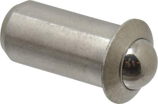 Vlier - 0.0786" Body Length x 3/8" Body Diam, 2.5 Lb Init to 7 Lb Final End Force, Stainless Steel Press Fit Ball Plunger - 5/16" Ball Diam, 0.11" Max Ball Reach, 0.078" Flange Thickness - Makers Industrial Supply