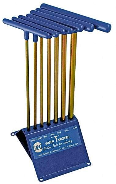 Made in USA - 7 Piece T-Handle Hex Key Set - Hex Range 2 to 8mm, 13" OAL, Chromalloy Steel - Makers Industrial Supply