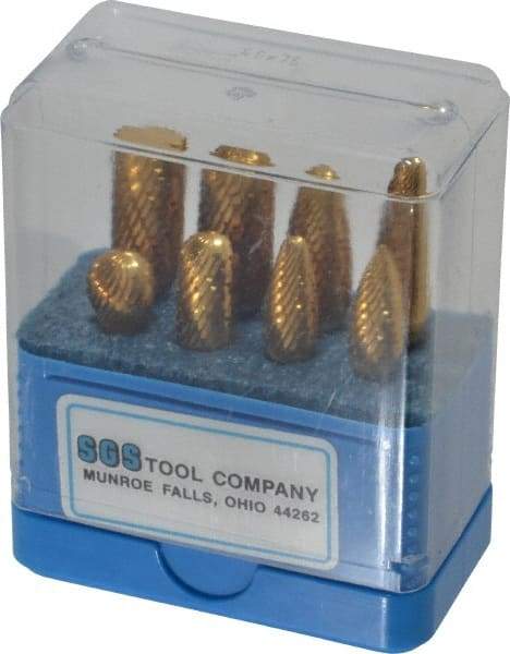 SGS Pro - 8 Piece, 1/4" Shank Burr Set - Tungsten Carbide, Multiple Head Shapes, 14° Included Angle - Makers Industrial Supply