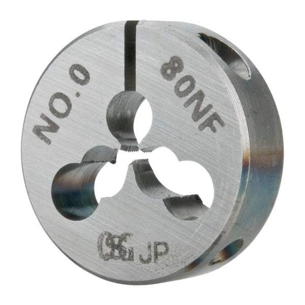 OSG - #0-80 UNF Thread, 13/16" Outside Diam High Speed Steel Round Die - 1/4" Thick, Right Hand Thread, Adjustable - Exact Industrial Supply