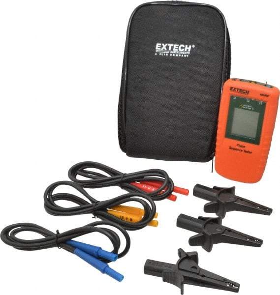 Extech - 3 Phase, 40 to 600 VAC, 15 to 400 Hz, 32 to 104°F, LCD Display Phase Rotation Tester - No Battery Required, Includes Alligator Clips, Test Leads, CAT III 600 V, CE, EN 61010-1 - Makers Industrial Supply