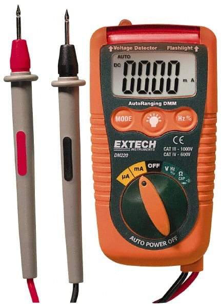 Extech - DM220, CAT IV, 600 VAC/VDC, Digital Auto Ranging Multimeter - 40 mOhm, Measures Voltage, Current, Frequency, Resistance - Makers Industrial Supply