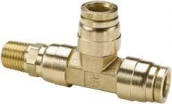 Parker - 1/2" Outside Diam, 1/4 NPTF, Brass Push-to-Connect Tube Male Swivel Run Tee - 250 Max psi, Tube to Male NPT Connection, Buna-N O-Ring - Makers Industrial Supply