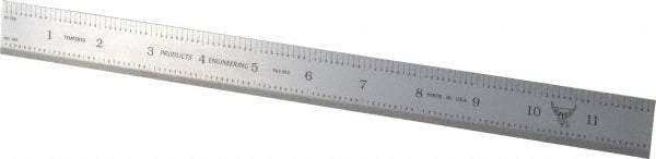 PEC Tools - 12" Long, 1/100, 1/10" and 0.5, 1mm Graduation, Rigid Steel Rule - Decimal/Metric Graduation Style, 1" Wide, Silver, Satin Chrome Finish - Makers Industrial Supply