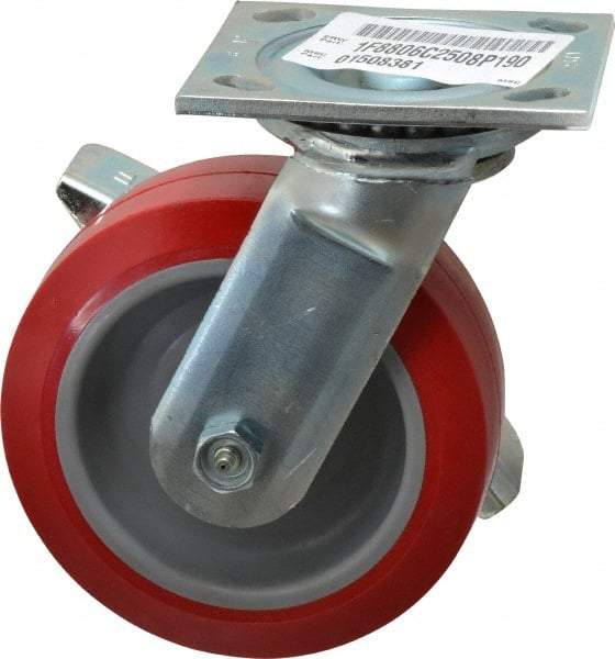 E.R. Wagner - 6" Diam x 2" Wide x 7-1/2" OAH Top Plate Mount Swivel Caster with Brake - Polyurethane, 900 Lb Capacity, Roller Bearing, 4 x 4-1/2" Plate - Makers Industrial Supply