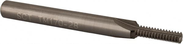 Straight Flute Thread Mill: 1/4-28, Internal, 3 Flutes, 1/4″ Shank Dia, Solid Carbide 28 TPI, 0.17″ Cut Dia, 0.552″ LOC, 2.5″ OAL, Bright Finish